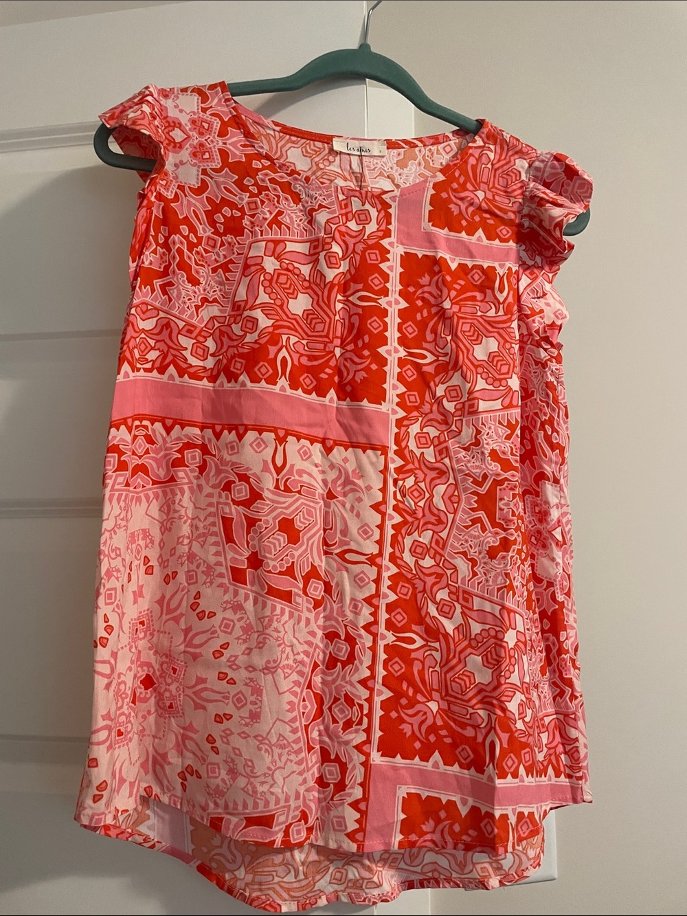 Les amis Pink & Red Patterned Cap-Sleeve Dress